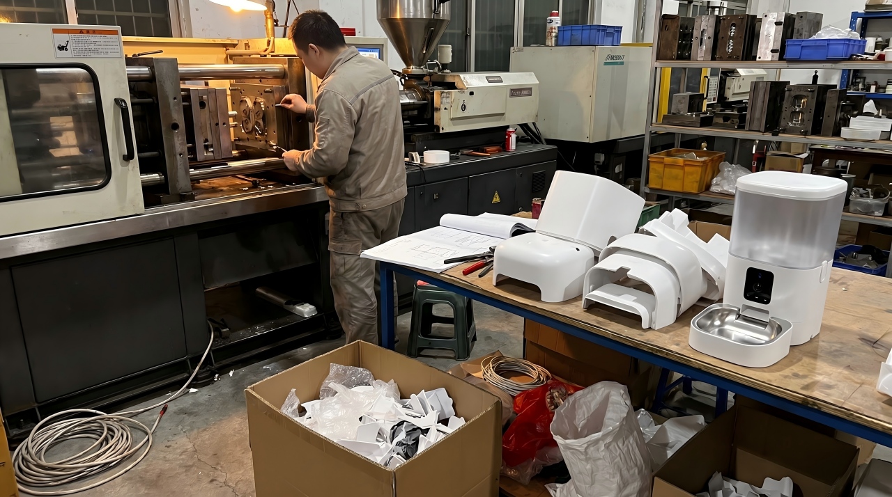 Línea de producción en una fábrica, con operarios trabajando en el proceso de fabricación.